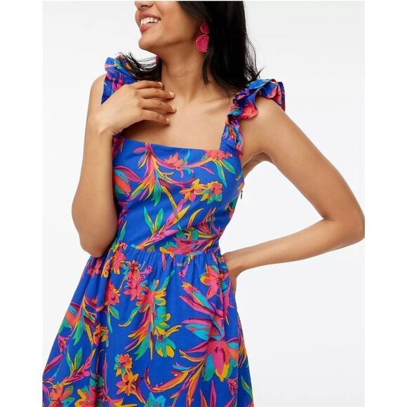 NWT JCrew Floral Tropical Square Neck Midi Dress Blue Size 8 - Picture 1 of 16